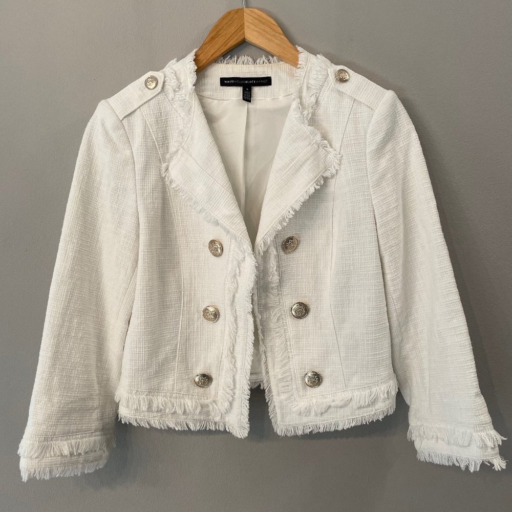 White House Black Market jacket- white, cropped, military-style buttons